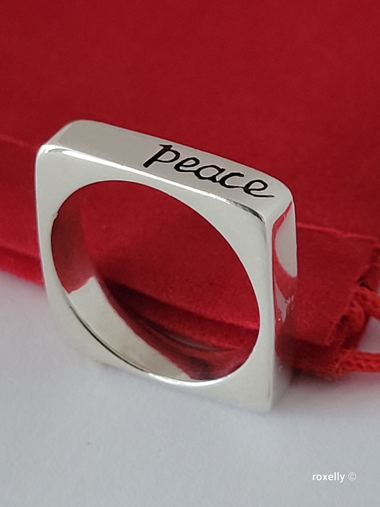 925 Sterling Silver and 14K Solid Gold “Peace” Square Ring Size 6.75 👌🎁